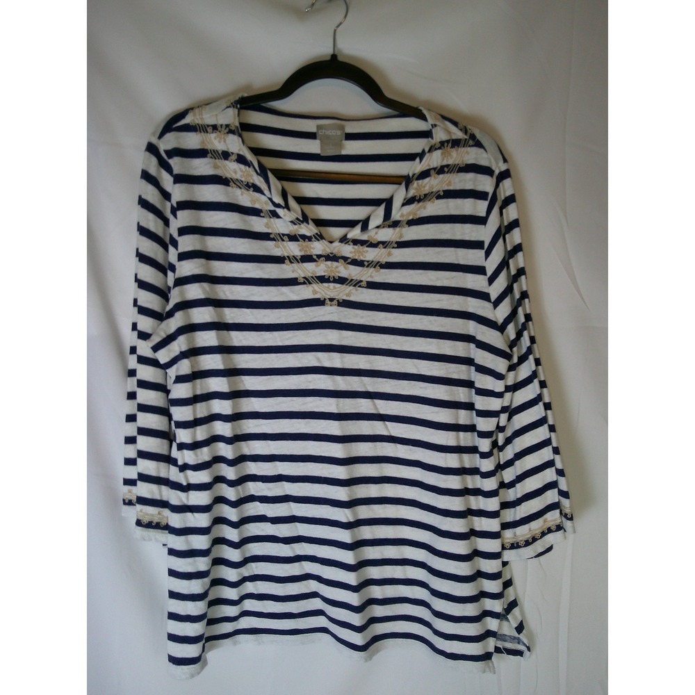 Chico's Womens Size 2 L Striped V-Neck Embroidered 3/4 Sleeve Top Navy White